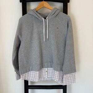 Tommy Hilfiger Womens Grey Hoodie Plaid Shirt Hem‎ Layered Look Size XL